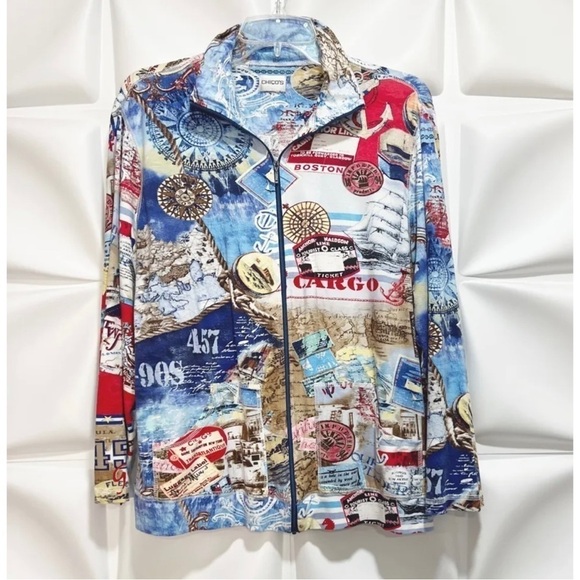 Chico's 1 Sz M Blue Nautical Map Compass Zip Up Stretch Jacket Womens RARE - Picture 1 of 6